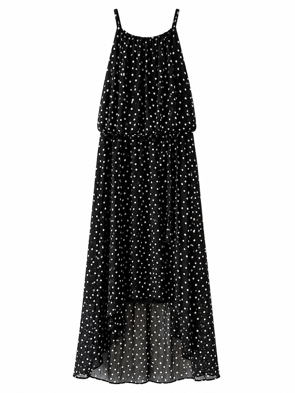 White House Black Market Black Polka Dot Chiffon High-Low Midi Dress Size 6